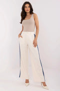 Pantalon femme NM large taille haute bandes latérales contrastantes beige blanc cassé polyester élasthanne confort design moderne