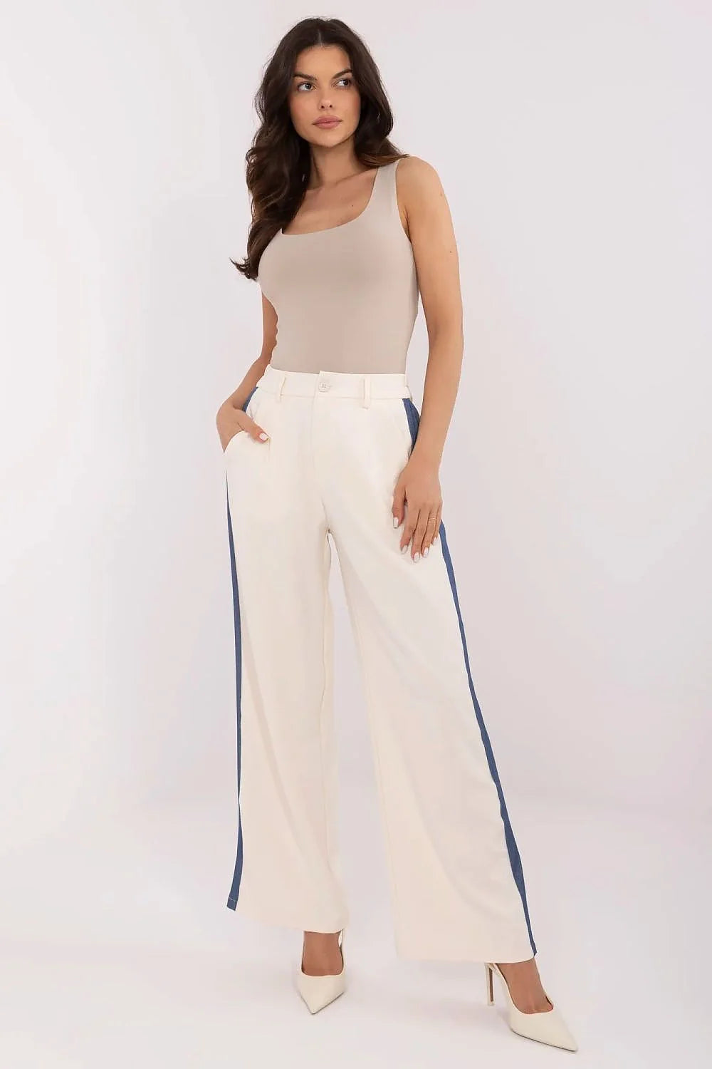 Pantalon femme NM large taille haute bandes latérales contrastantes beige blanc cassé polyester élasthanne confort design moderne