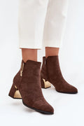 bottines femme suédine écologique daim marron bout amande talon pilier 7cm tige 11cm fermeture éclair latérale tirette dorée
