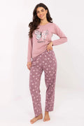 pyjama femme rose poudré coton jersey doux manches longues col rond papillon imprimé pantalon taille élastique coupe détente