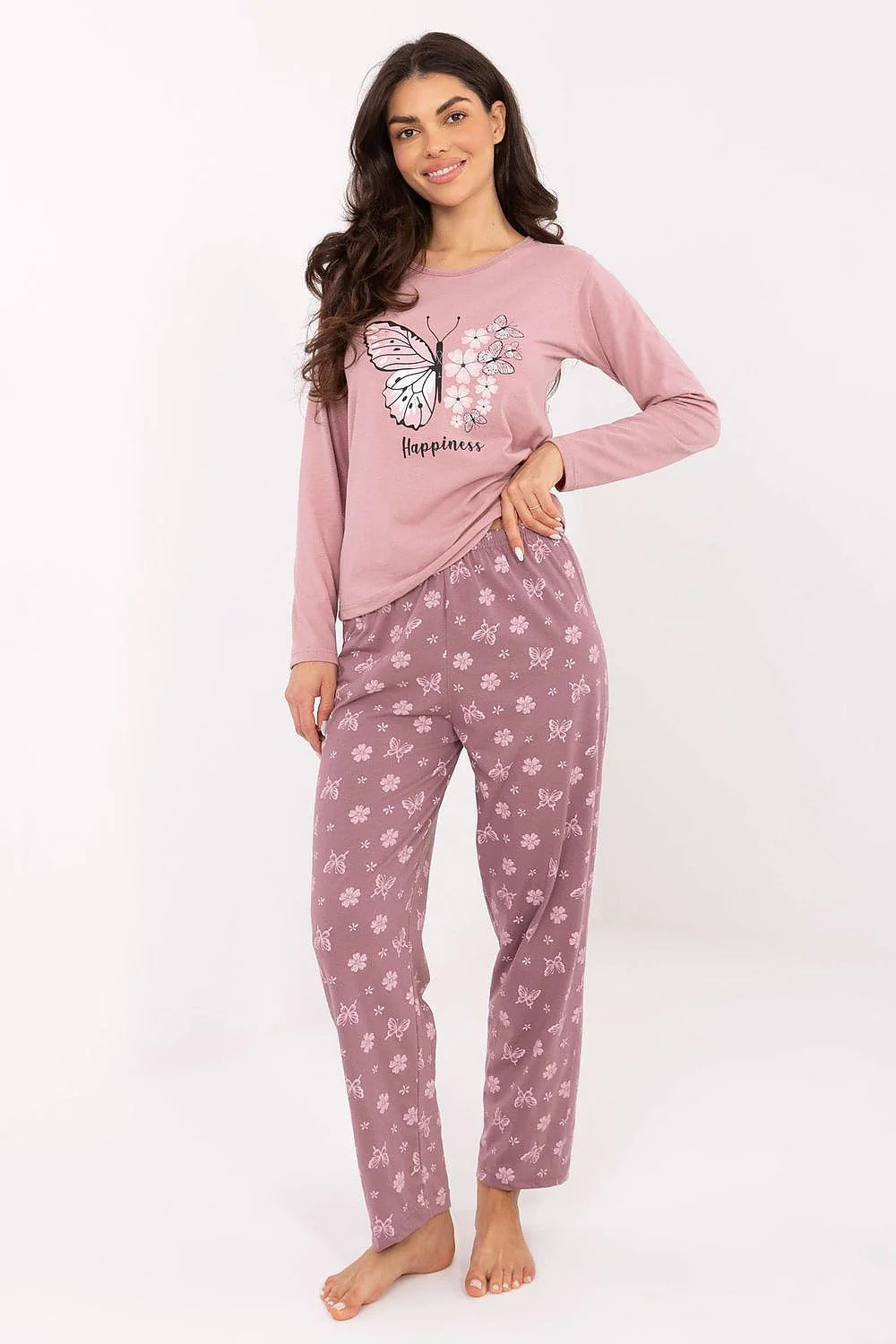 pyjama femme rose poudré coton jersey doux manches longues col rond papillon imprimé pantalon taille élastique coupe détente
