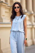 Chemisier sans manches Roco Fashion bleu pastel en viscose polyester coupe ample élégant féminin