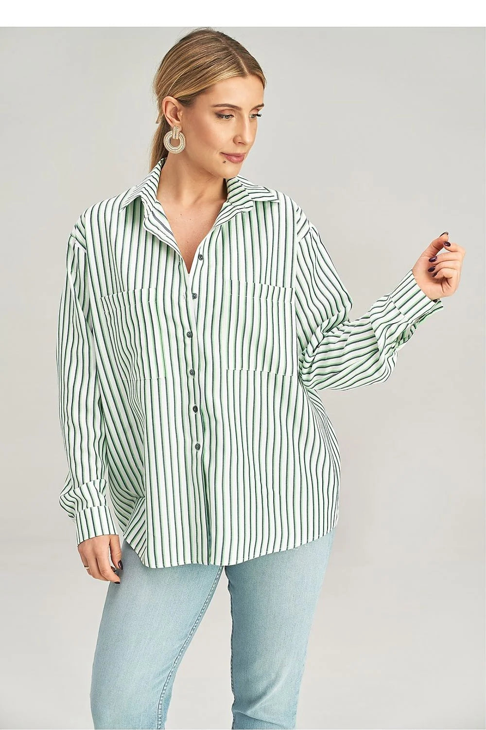 Chemise manche longue asymétrique rayures verticales polyester viscose femme taille S/M L/XL style casual chic