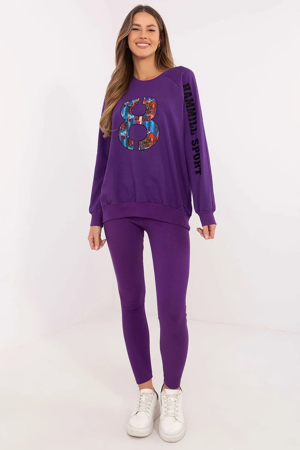 ensemble femme sweatshirt oversize violet imprimé multicolore grandnumero8 manches longues inscription HAMMILLSPORT bordcotes leggings slim extensible confortable urbain