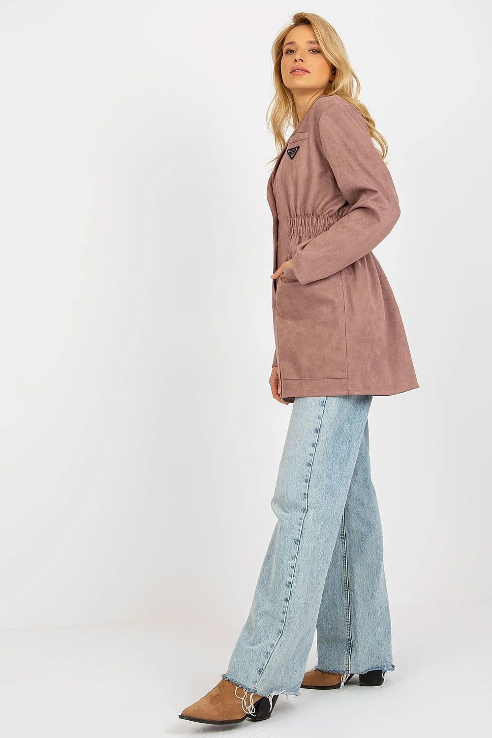 Manteau pour femme en daim synthétique rose mauve, coupe droite, longueur totale 83 cm, poches plaquées, tailles universelles