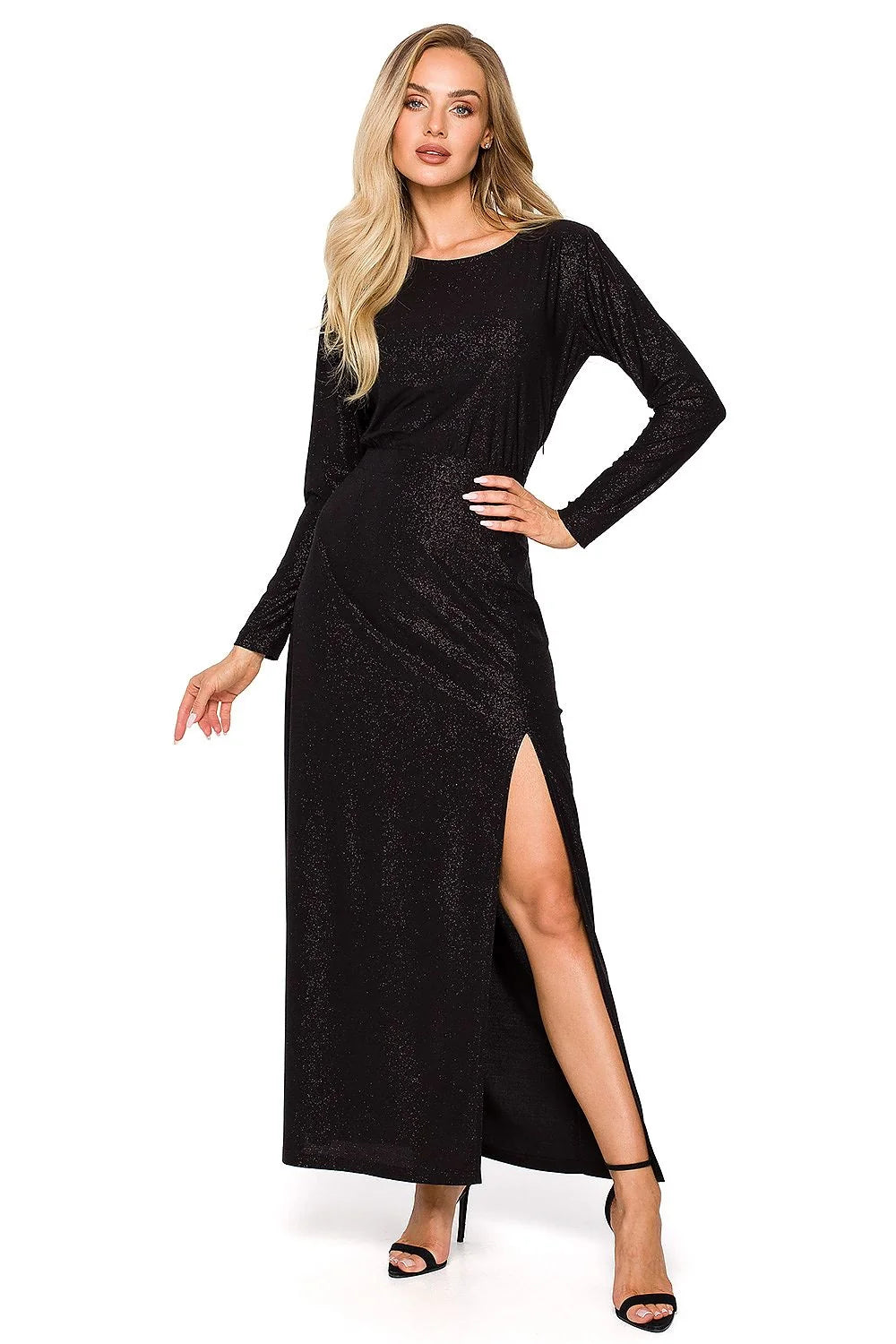 Robe de soirée élégante longue manches longues en brocart vert émeraude fente audacieuse pour femme