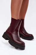 boots femme chelsea cuir bordeaux brillant cheville haute bout rond empiècements élastiques latéraux enfilage facile semelle plateforme noire crantée antidérapante