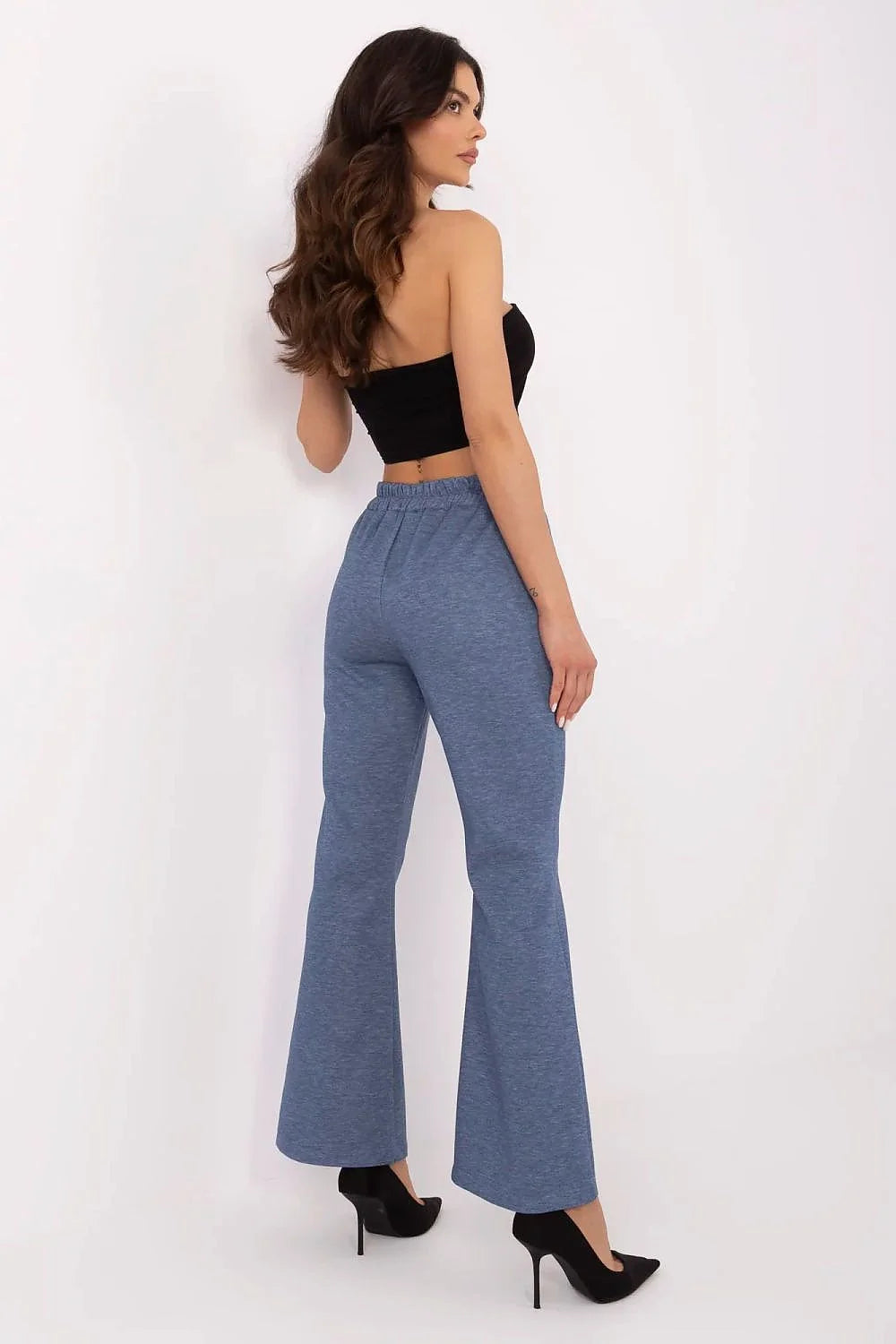 Pantalon survêtement à larges jambes en viscose, élasthanne et polyester, bleu-gris, taille haute, ceinture élastique, poches latérales dorées, femme, mode élégante et confortable
