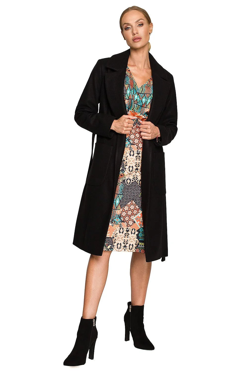 Manteau femme élégant long col revers ceinture poches vert veste hiver mode laine acrylique polyester