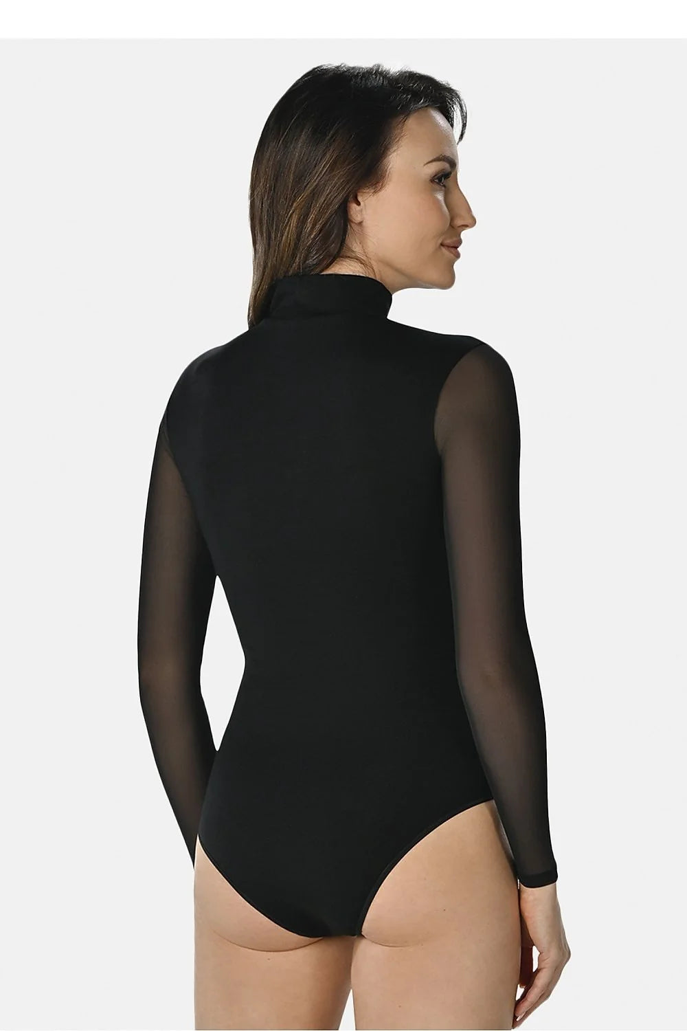 Body féminin chic moderne col montant manches longues transparentes tissu extensible opaque classique noir silhouette ajustée finitions soignées femme