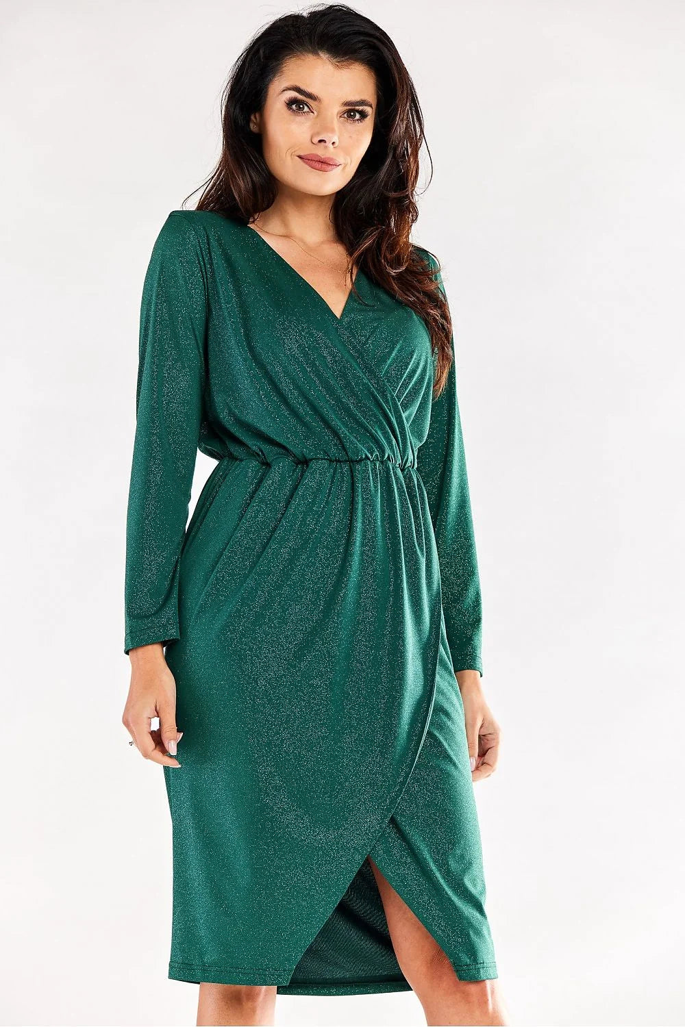 Robe de soirée élégante longue manches longues encolure V croisée taille ajustable tissu métallisé rouge vif femme