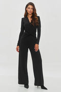Combinaison élégante pour femme noire longues manches en V ceinture nouée tissu doux matière extensible style sophistiqué occasion formelle soirée