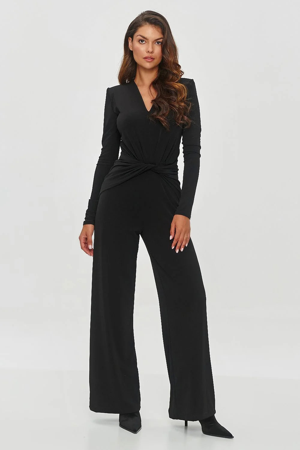 Combinaison élégante pour femme noire longues manches en V ceinture nouée tissu doux matière extensible style sophistiqué occasion formelle soirée