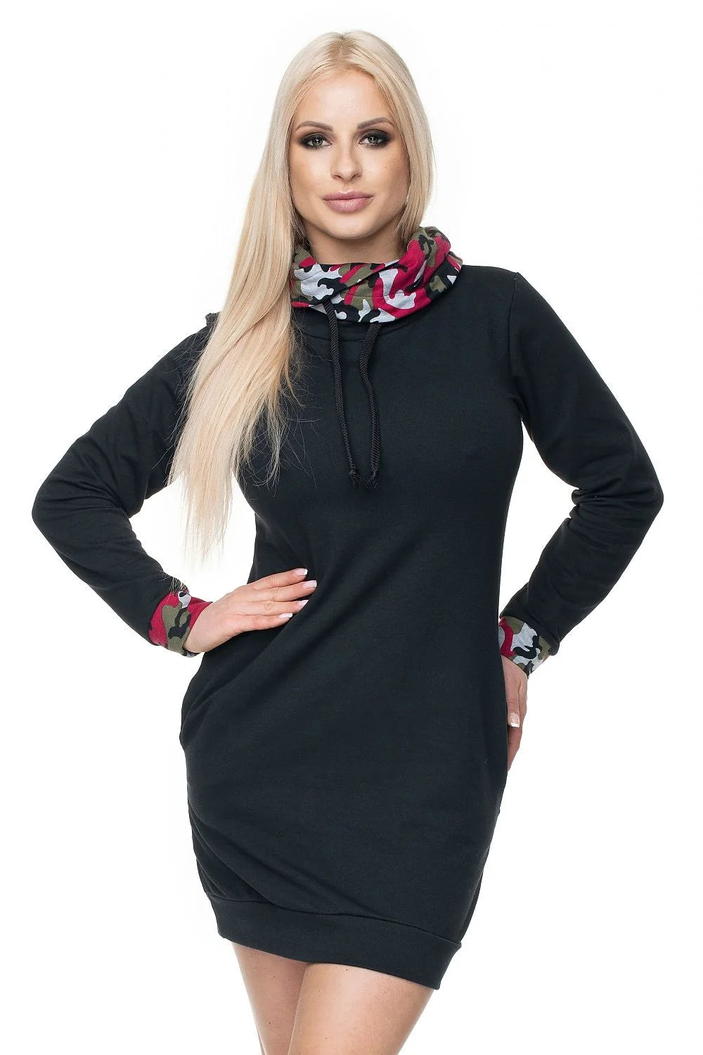 Pee Ka Boo robe sweat femme coupe tunique mi cuisses manches longues col cheminée cordon camouflage contrastant noir molleton coton