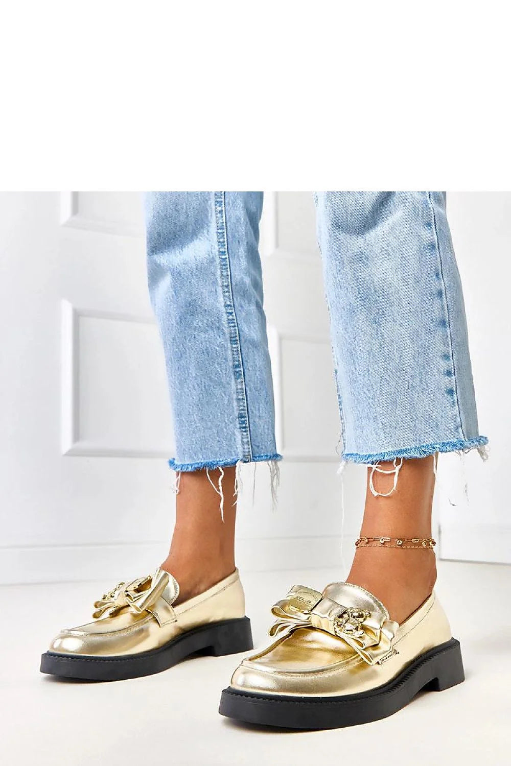 mocassins loafers femme beige métallisée dorée nœud décoratif plaque chaînette cuir synthétique semelle intérieure plateforme crantée confortable quotidien talon 3cm