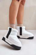 Bottes de neige pour femmes matelassées fourrure synthétique style moderne urbain couleur blanche bande noire cuir artificiel semelle épaisse