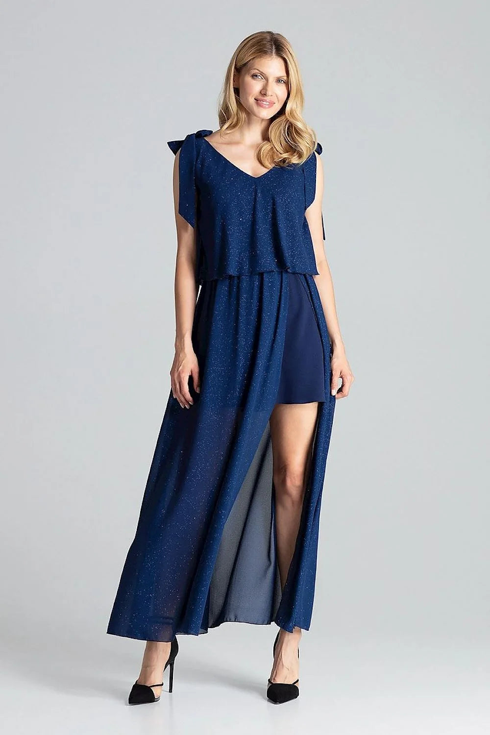 robe soirée longue rouge vif élégante cocktail polyester stretch col V profond sans manches taille élastiquée fente latérale