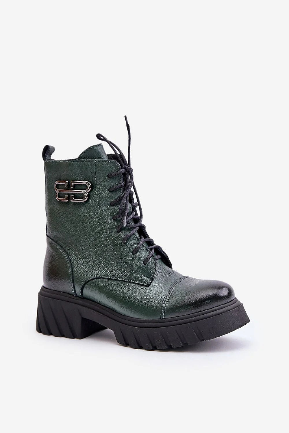 Bottines femmes style combat cuir naturel vert foncé talon plat semelle épaisse fermeture éclair métallique