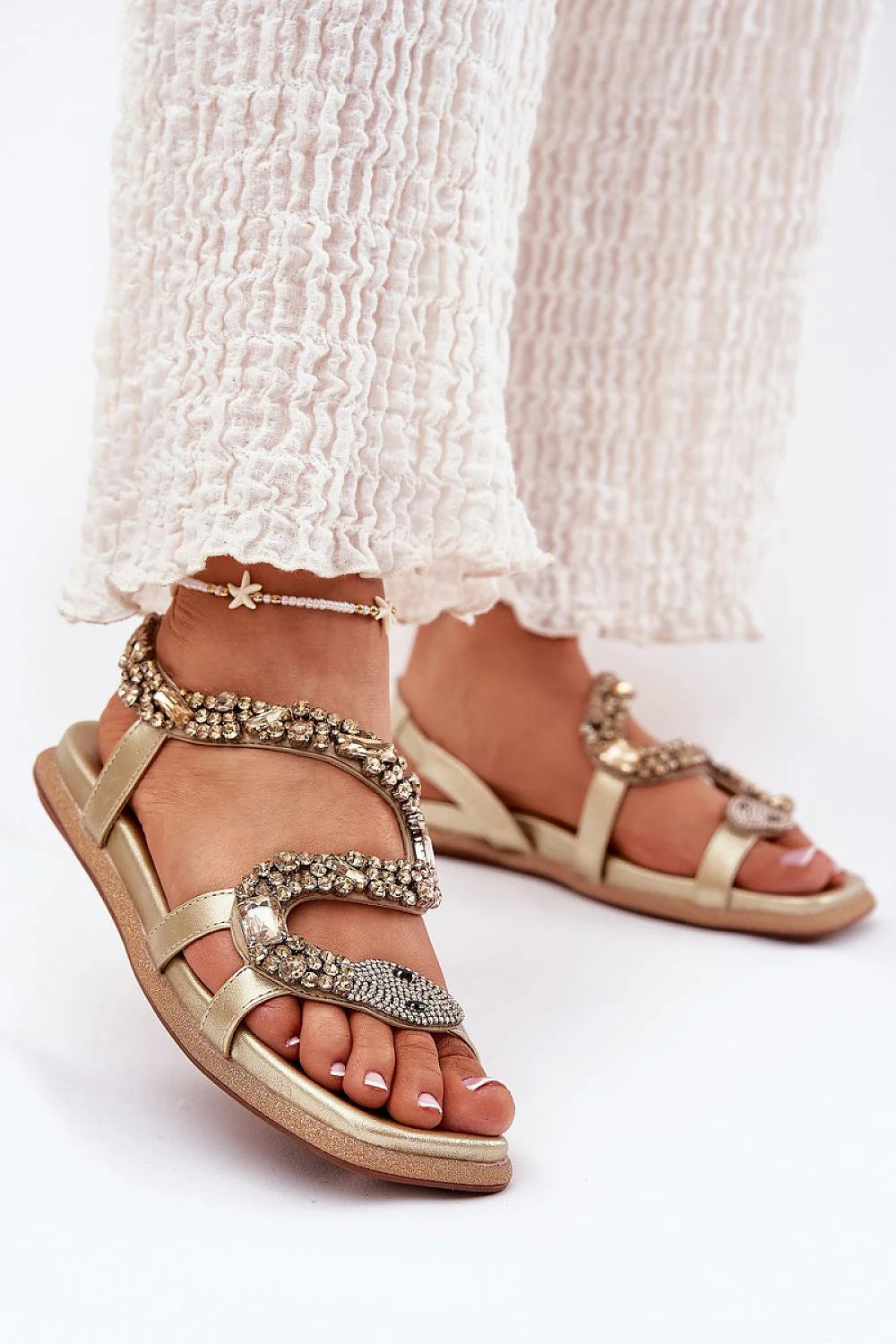 Sandales dorées femmes style serpent pierres perles cuir artificiel semelle anti-dérapante occasion estivale chic