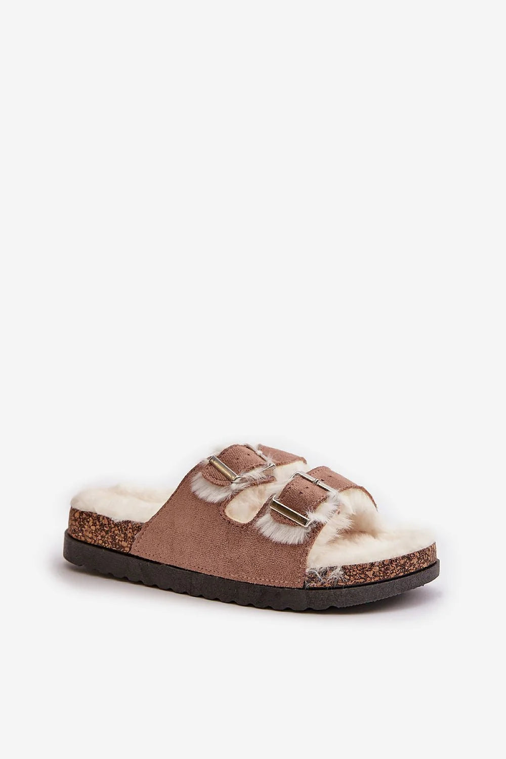 sandales ouvertes femmes cuir écologique suédine beige rosé fourrure douce semelle ergonomique liège EVA antidérapante brides réglables boucles métalliques