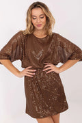 robe courte soirée cocktail pailletée bronze cuivré blousante encolure ronde manches kimono taille élastiquée cintrée mini doublée stretch confortable élégante