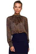 Blouse chic en mousseline de soie noire à pois dorés pour style sophistiqué féminin élégant