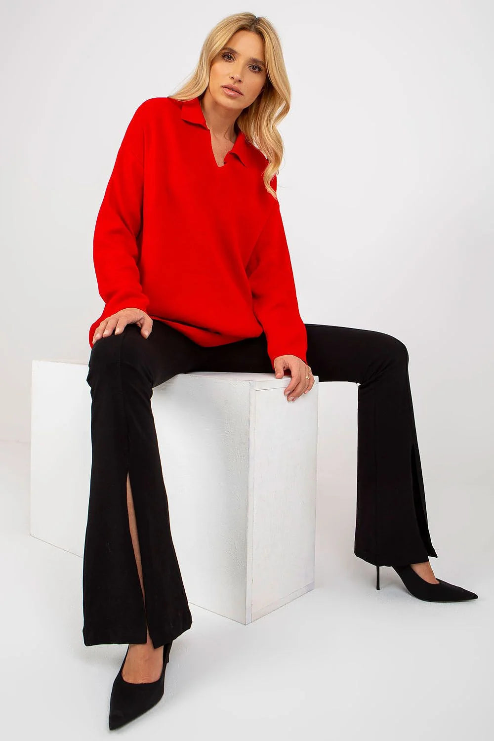 Pull-over femme Rue Paris rouge vif ample manches longues encolure ras du cou acrylique 100% tailles universelles mode Casual