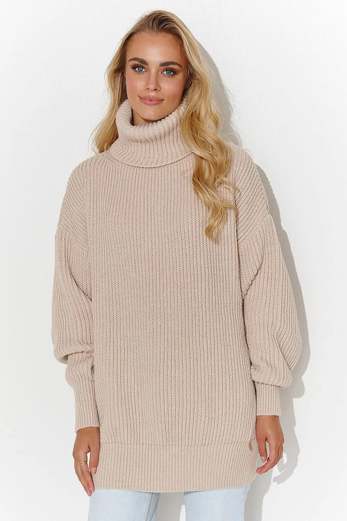 Pull féminin tricot col roulé molletonné maille serrée coupe ample manches longues coloris nude beige