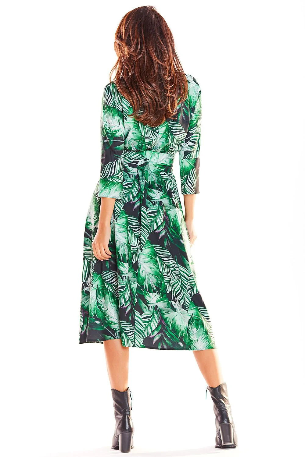 Robe longue polyester imprimé tropical élégante fluide ceinture à nouer manches trois-quarts pour femme moderne