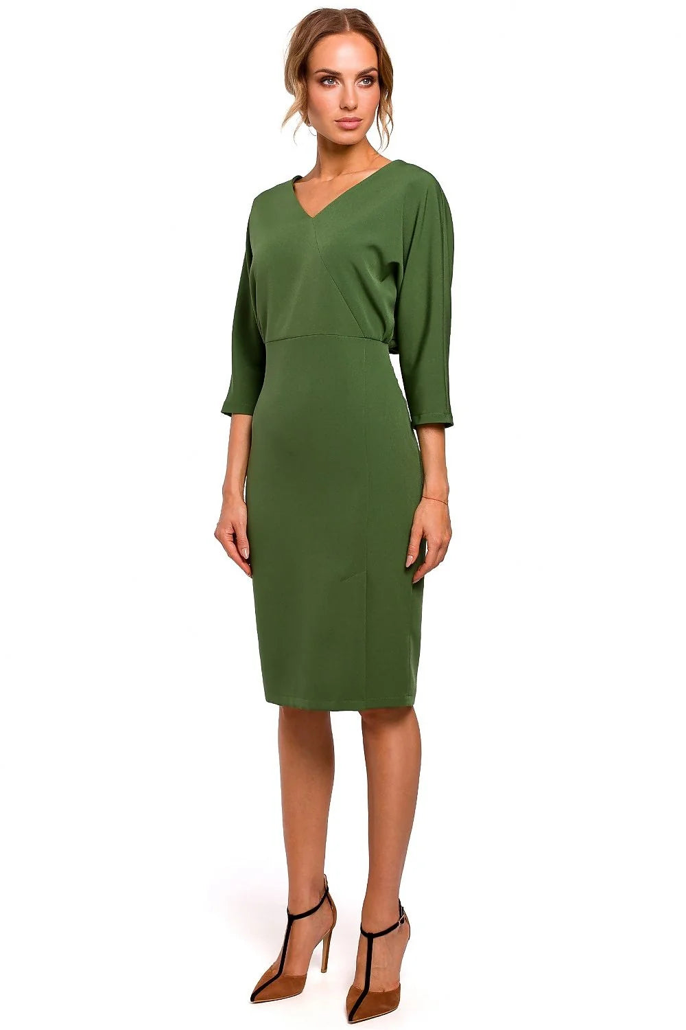 robe fourreau rouge élégante ajustée slim crayon midi taillemarquée encolureV manches34 tissucrêpe stretch fenteavant confort cocktail soirée bureau sophistiquée glamour