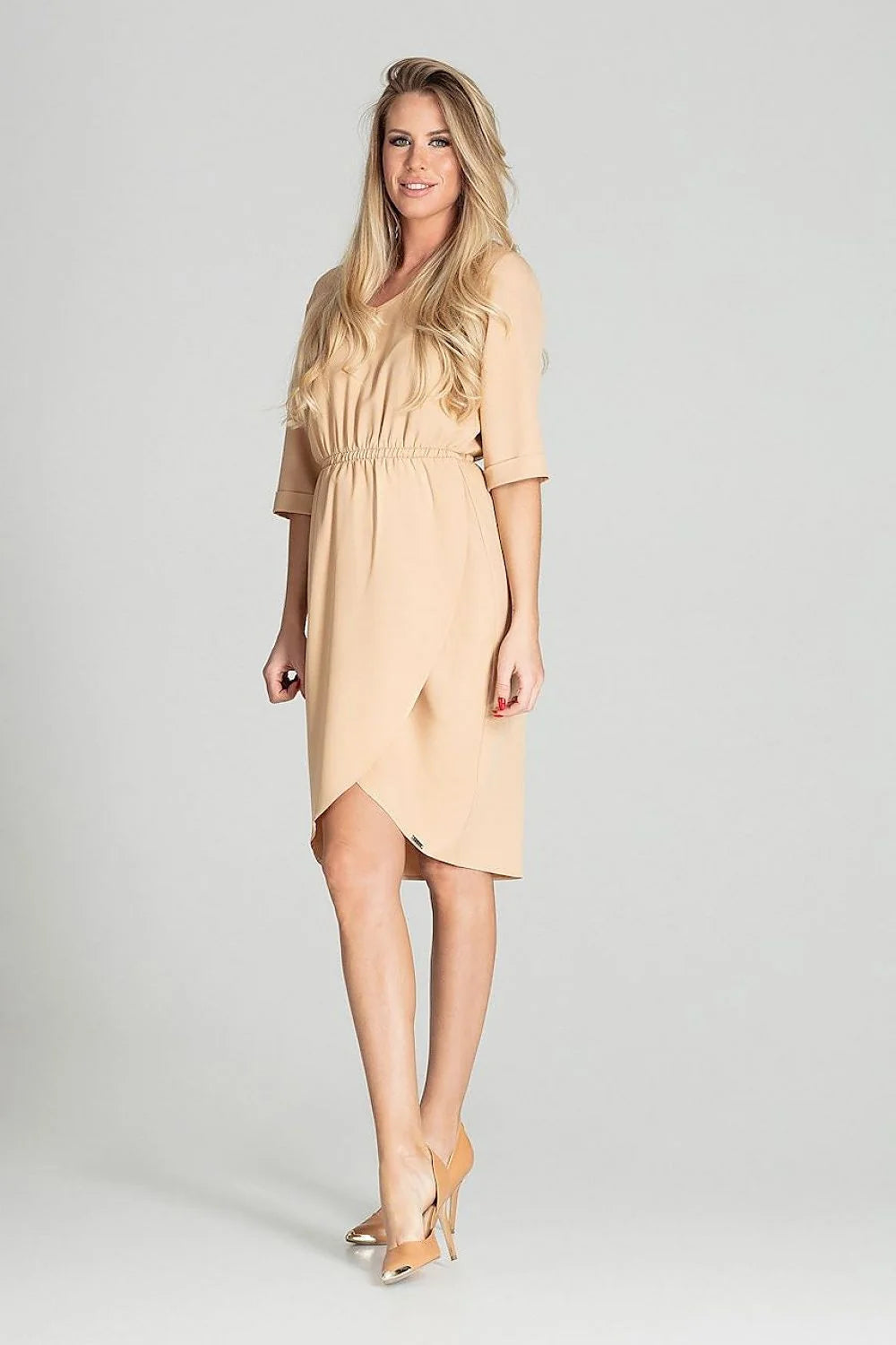 robe midi femme bleu ciel manches trois quarts col rond taille élastique jupe portefeuille asymétrique coupe blousante cintrée