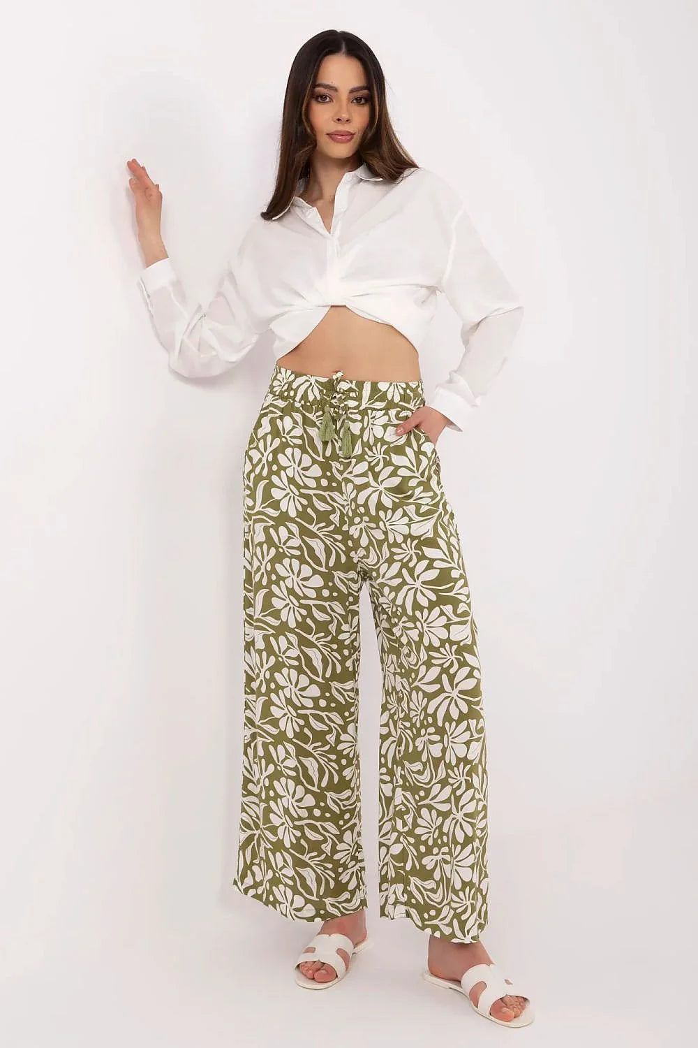 Pantalon femme décontracté viscose vert olive blanc taille haute coupe ample pantalon large imprimé floral abstrait