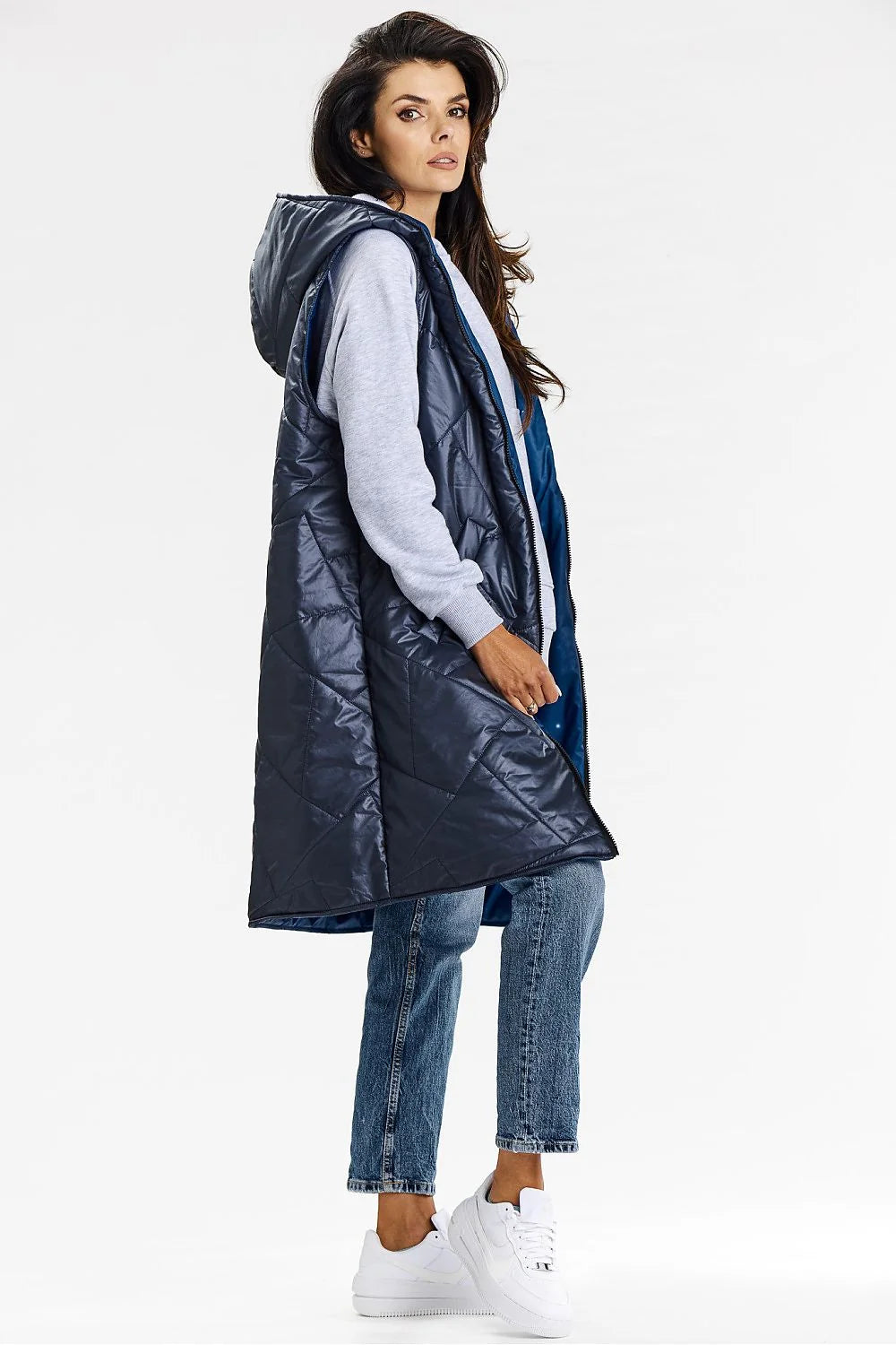 Gilet long sans manches pour femmes, à capuche, double face, polyester 100%, style moderne, fonctionnel, occasions multiples