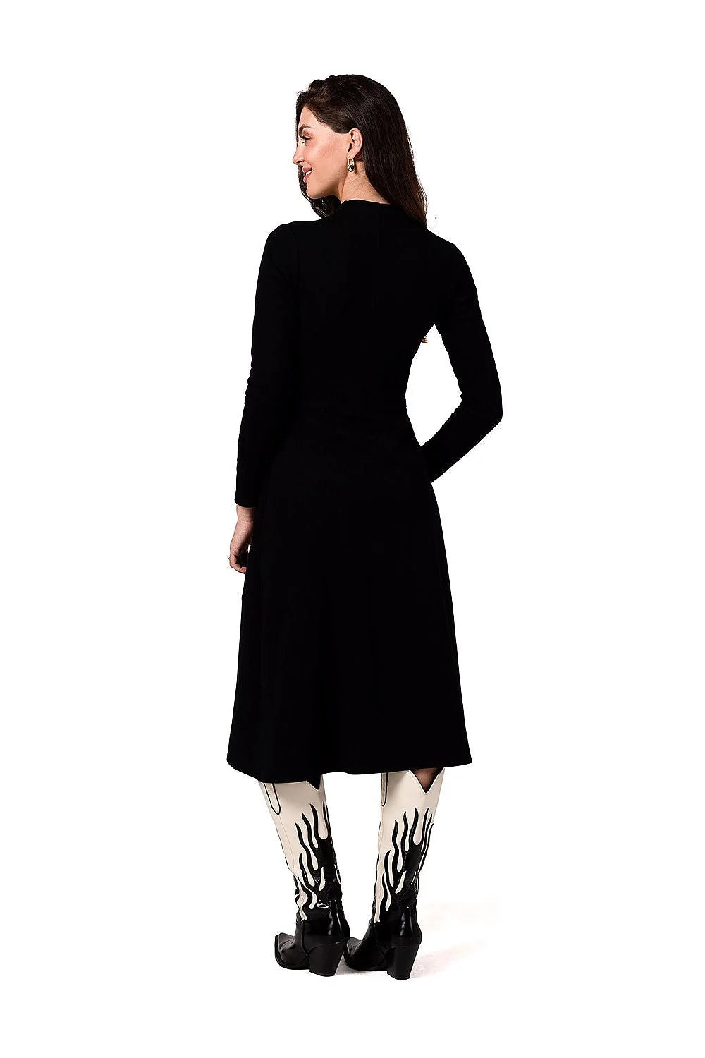 Robe de jour Be Wear élégance intemporelle tissu noir uni manches longues jupe midi taille ajustée femme