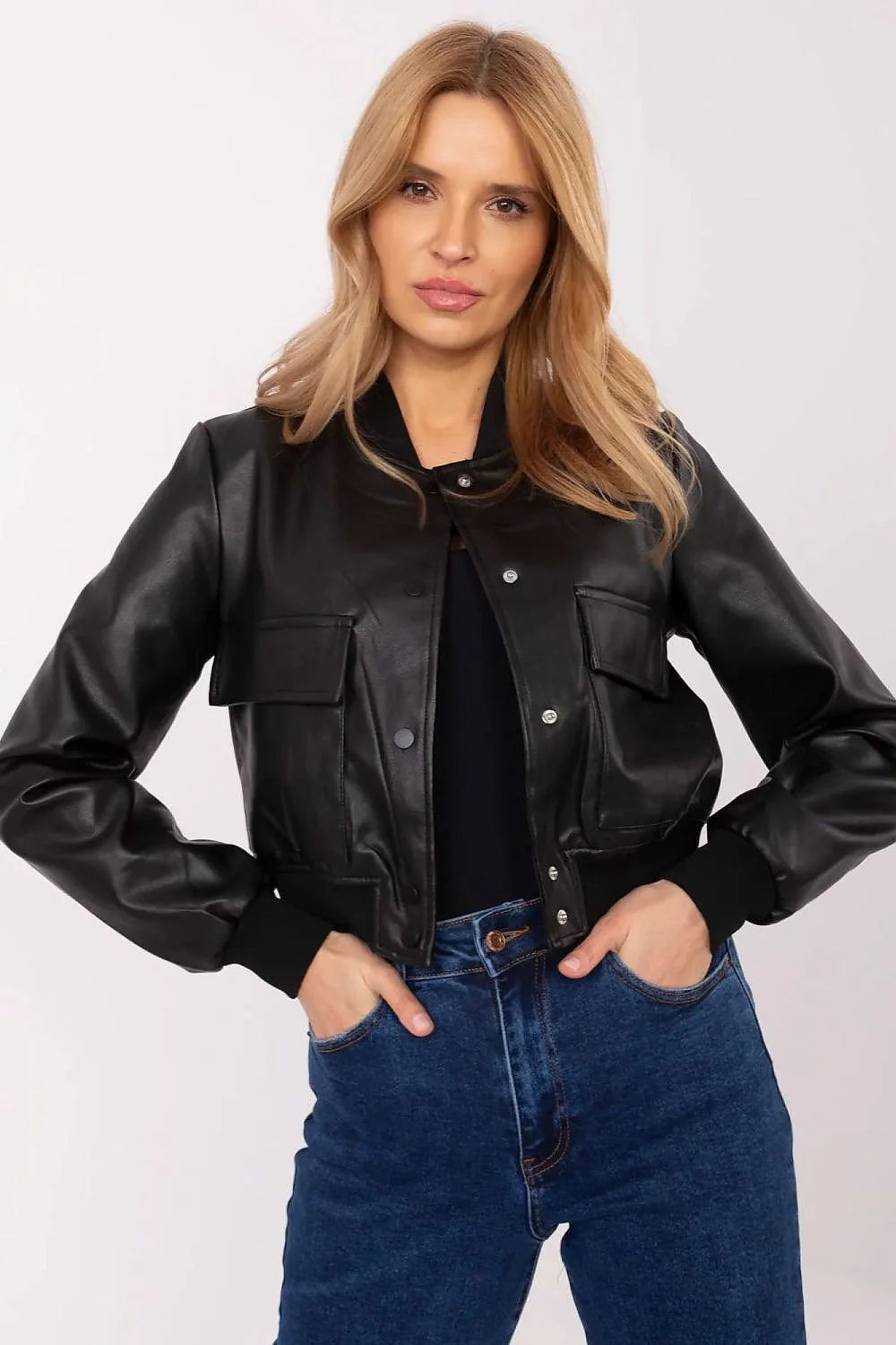 Veste bomber NM simili cuir noire femme manches longues coupe ajustée urbaine moderne