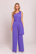 Combinaison Moe asymétrique élégante motif épaule sangles latérales jambes larges fermeture latérale dissimulée polyester violet femme