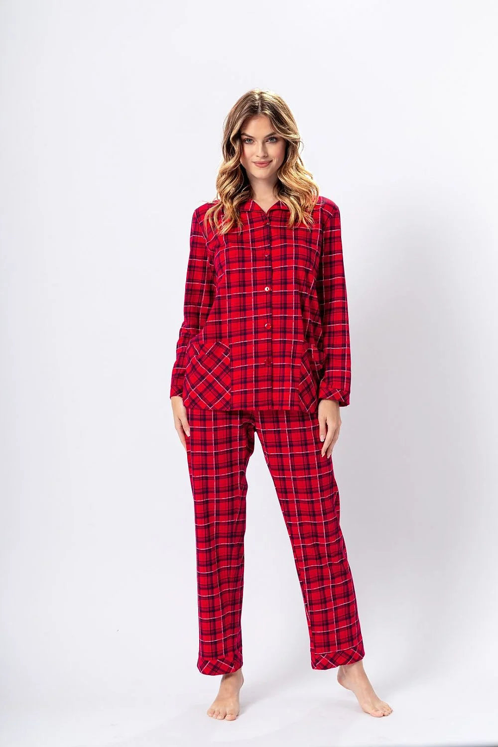 Pyjama femme classique carreaux rouge vif noir manches longues chemise pantalon coton doux confort nocturne
