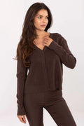 cardigan femme marron chocolat maille fine douce viscose polyester nylon col V boutons centrés côtelé coupe courte manches longues élégant