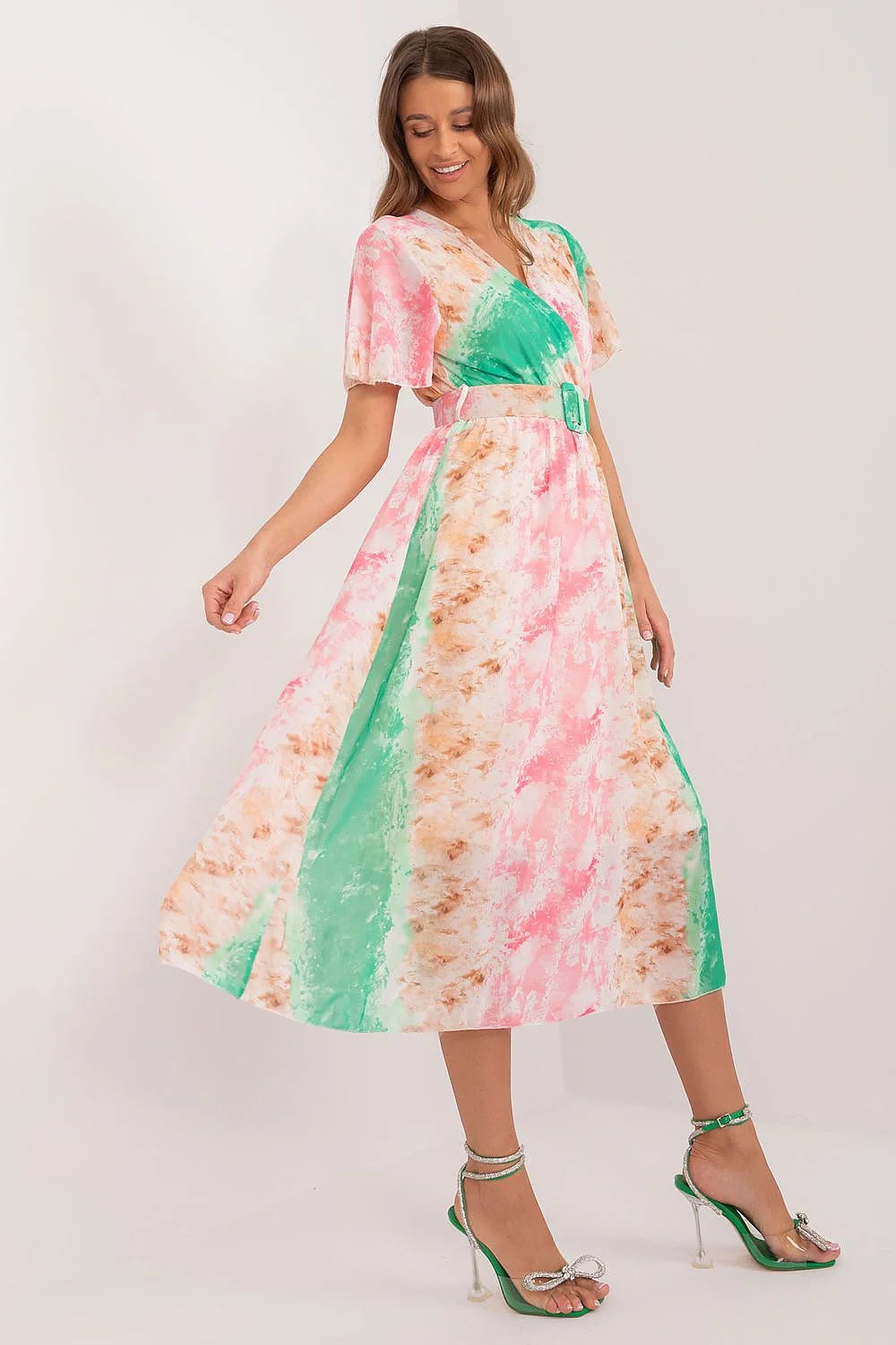 Robe de jour Italy Moda style estival tissu léger motifs pastel ceinture intégrée femmes