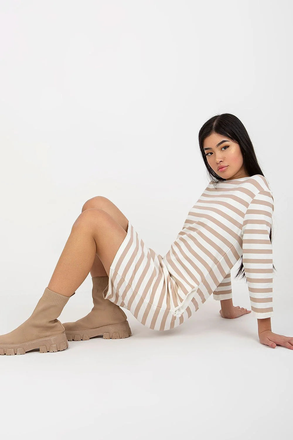 Robe de jour femme style décontracté rayures beige et blanc manches longues encolure ronde poches zippées coton 95 elasthanne 5