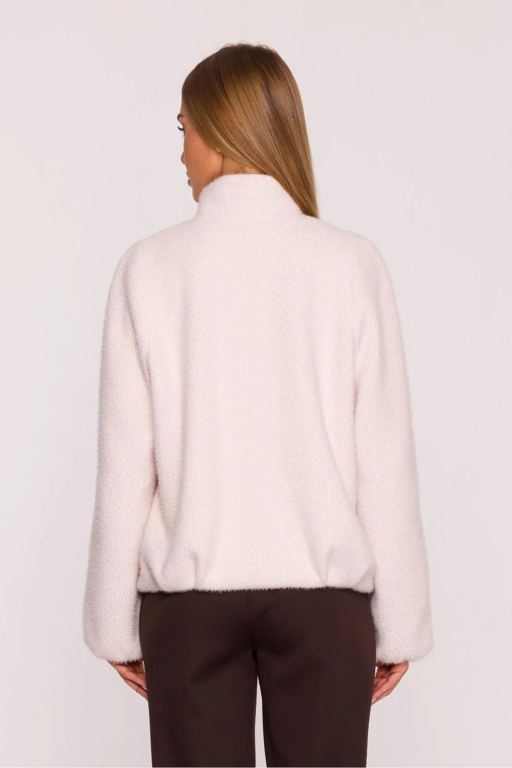 veste femme courte blouson bouclée duveteuse rose poudrée boxy oversize col montant manches ballon poches latérales doublée chaude