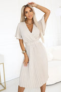 Robe de jour élégante mi-longue beige décolleté croisé manches amples ceinture taille ajustable tissu synthétique femmes occasionnels été travail réunions familiales communions