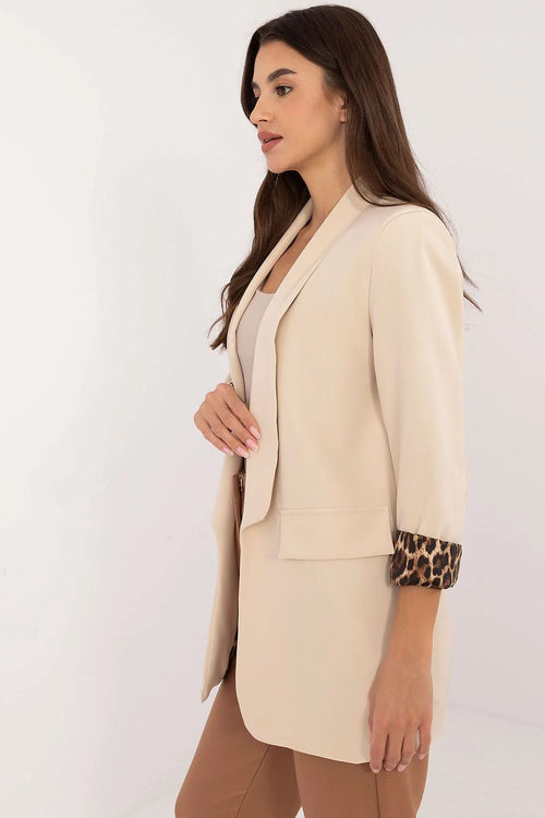Blazer femme style décontracté élégant teinte beige claire manches retroussées doublure léopard polyester semi-ajusté longueur mi-cuisse sans boutons poches rabat