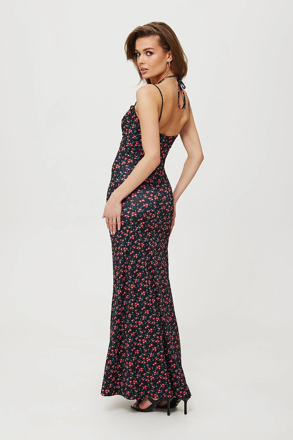 Robe longue élégante pour femme en maille imprimée motifs floraux couleurs sombres et légères encolure nouée sans manches ajustable style tuba occasionnels semi-formels