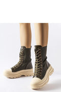 bottes Solea femme vert olive militaire streetwear montantes côtelées similicuir plateforme semelle crantée beige col rembourré oeillets métalliques lacets confortables