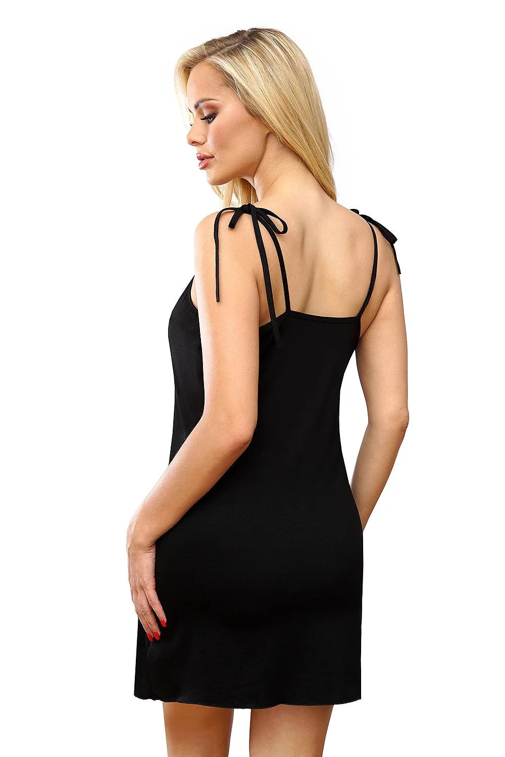 nuisette sexy féminine rose pastel dentelle décolleté V bretelles nouées fines viscose elasthanne fluide coupe ajustée mi cuisse