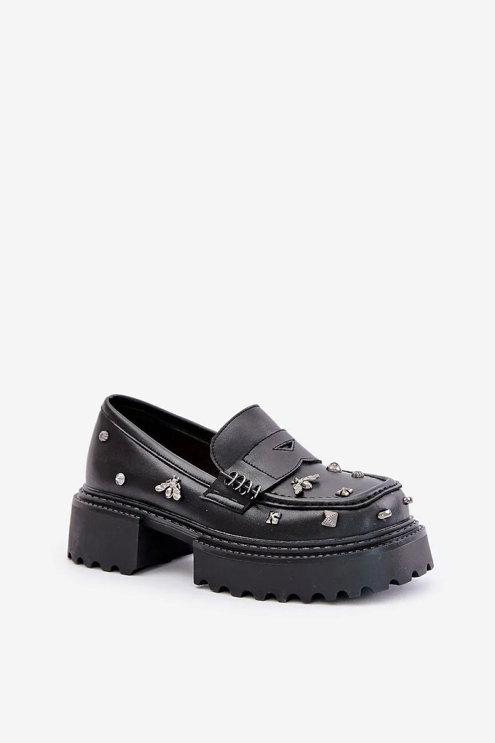 mocassin femme cuir naturel noir semelle crantée épaisse chunky rock plateforme talon moyen slipon bride ornements métalliques clous