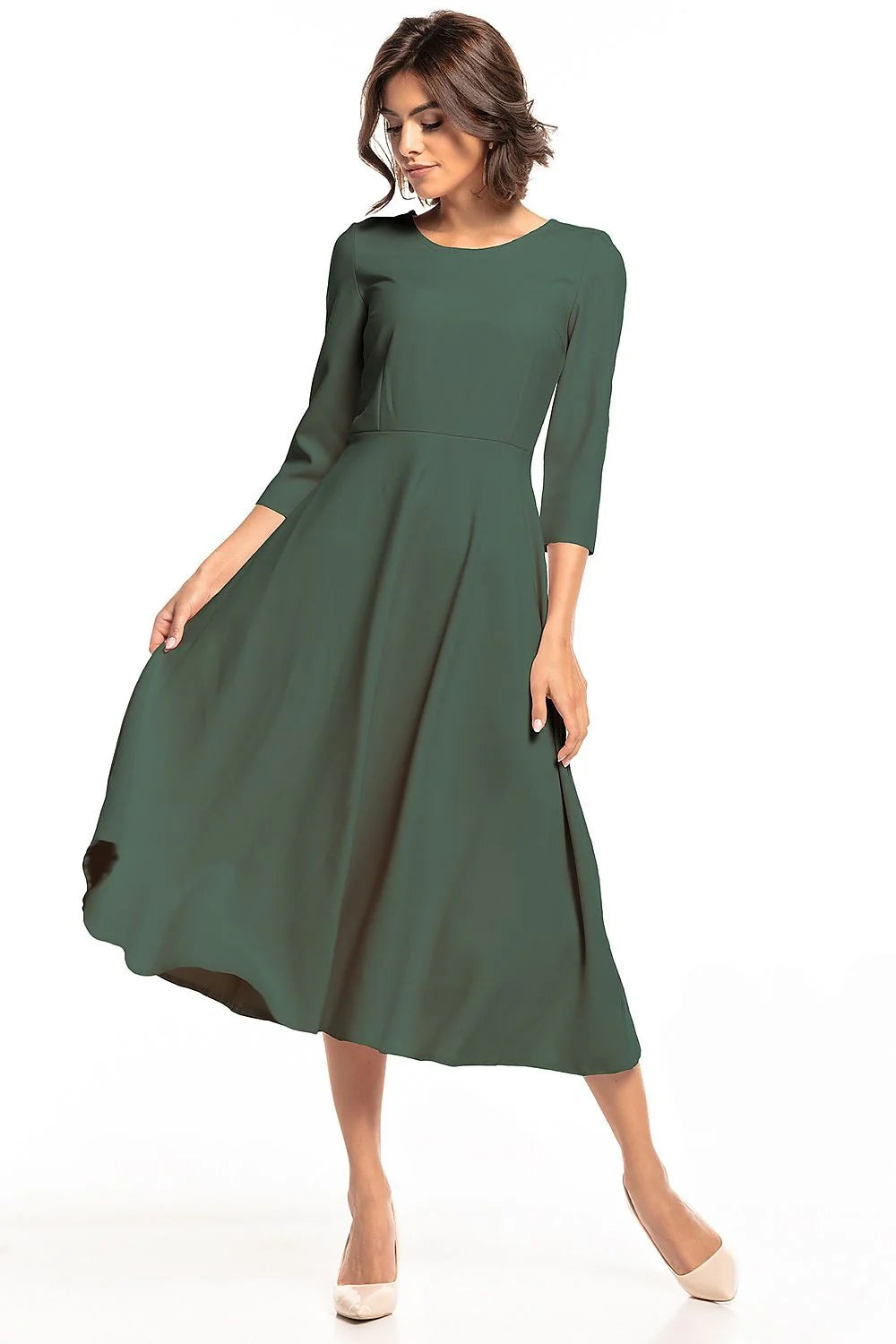 Robe élégante femme polyester élasthanne vert foncé ajustable mi-longue silhouette raffinée mode intemporelle