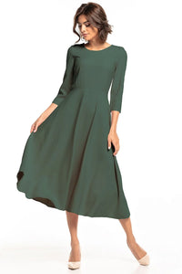 Robe élégante femme polyester élasthanne vert foncé ajustable mi-longue silhouette raffinée mode intemporelle