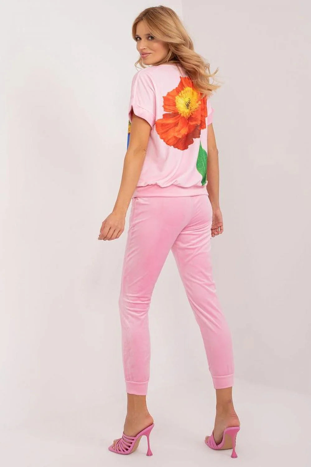 ensemble femme deux pièces velours floral rose manches courtes pantalon jogger taille élastique fuselé confortable décontracté chic imprimé multicolore doux
